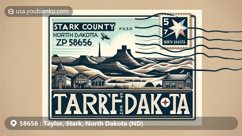 Modern illustration of Taylor, North Dakota, showcasing airmail postcard with ZIP code 58656, featuring Stark County outline, North Dakota Badlands landscapes, and local ethnic architecture elements.
