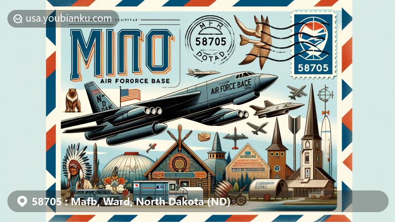 Modern illustration of Minot Air Force Base in North Dakota, USA, featuring B-52 bomber, Minuteman III missile, Knife River Indian Villages, Scandinavian Heritage Park, postal elements, and airmail theme.