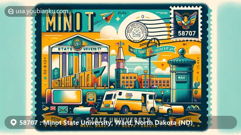 Modern illustration of Minot State University in Ward County, North Dakota, highlighting postal theme with ZIP code 58707, featuring university logo and postal symbols.
