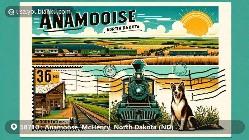 Creative postcard illustration of Anamoose, North Dakota, blending historical elements like old train and Moorhead Ranch, showcasing postal theme with 'Anamoose, ND 58710' stamp, featuring Chippewa dog symbol and vibrant plains landscape.