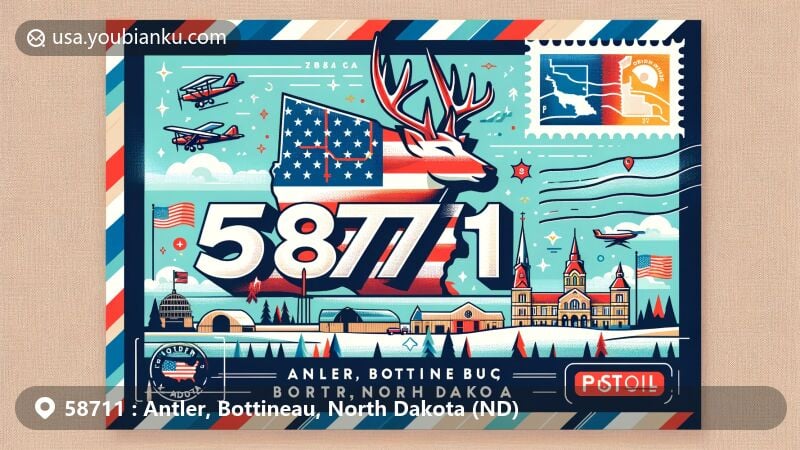 Modern illustration of Antler, Bottineau County, North Dakota, highlighting postal theme with ZIP code 58711, featuring the state flag, county outline, and local landmarks or cultural symbols.
