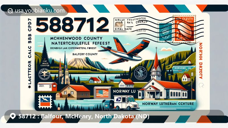 Colorful and modern illustration of Balfour, McHenry County, North Dakota, in the form of an airmail envelope or postcard with landmarks like Cottonwood Lake National Wildlife Refuge, Denbigh Experimental Forest, McHenry County Courthouse, and Norway Lutheran Church, featuring the North Dakota state flag.