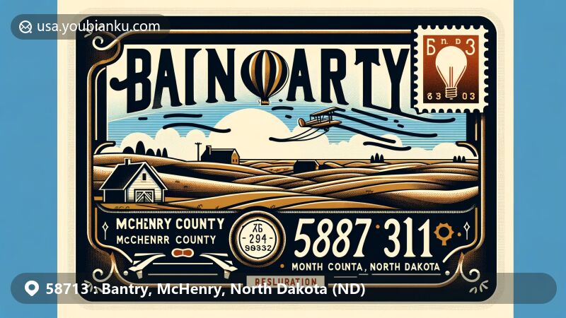 Modern illustration of Bantry, McHenry County, North Dakota, showcasing postal theme with ZIP code 58713, featuring rural landscape, quaint township, and traditional postal elements.