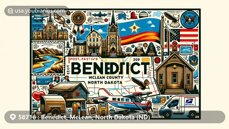 Modern illustration of Benedict, McLean, North Dakota, featuring ZIP code 58716, showcasing North Dakota state flag, McLean County outline, and cultural landmarks like Theodore Roosevelt National Park and Knife River Indian Villages site.
