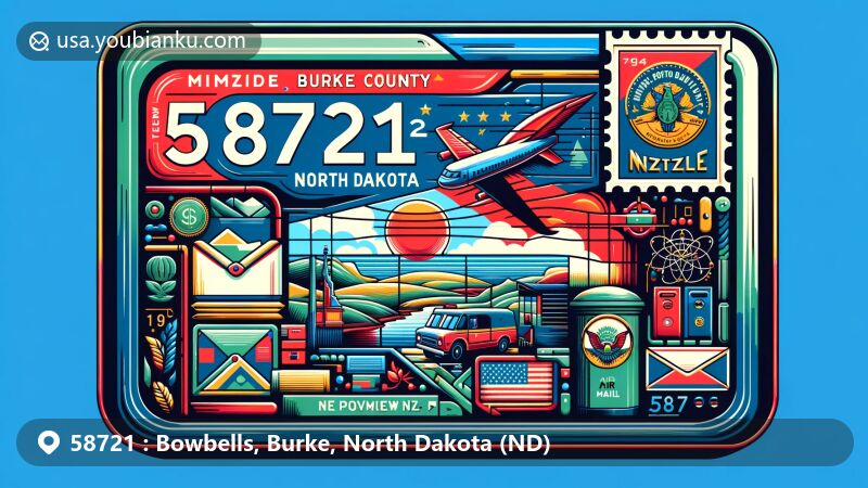 Modern illustration of Bowbells, Burke County, North Dakota, showcasing postal theme with ZIP code 58721, featuring North Dakota state flag and Burke County map.