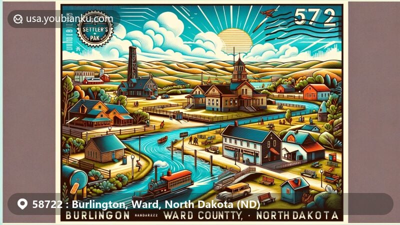 Modern illustration of Burlington, Ward County, North Dakota, capturing Pioneer Village Museum and Old Settler's Park, showcasing mining history, picnic areas, and playground, with backdrop of Des Lacs and Mouse Rivers confluence, emphasizing unique geographical location on Drift Prairie, featuring postal elements like ZIP code 58722 stamp and vintage post office scene, vibrant colors enhance historical and cultural essence.
