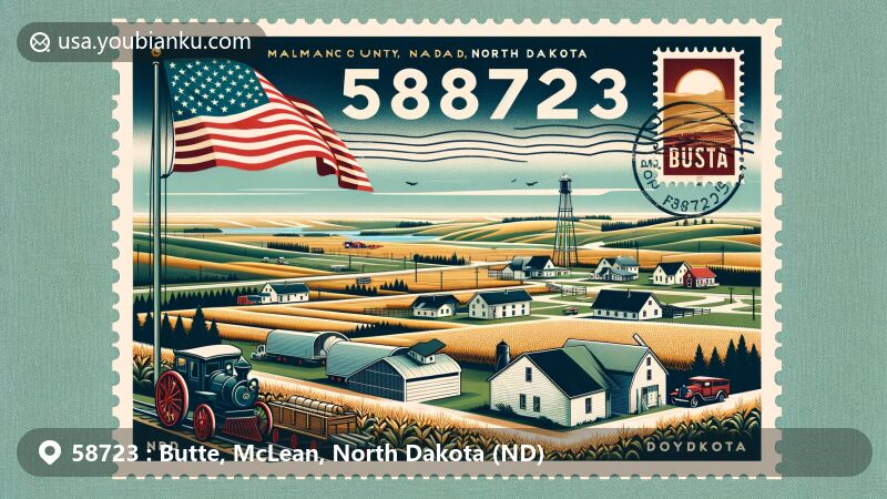 Modern illustration of Butte, McLean County, North Dakota, capturing rural beauty with sprawling fields and farmhouses, featuring North Dakota state flag in the background and vintage postal elements.
