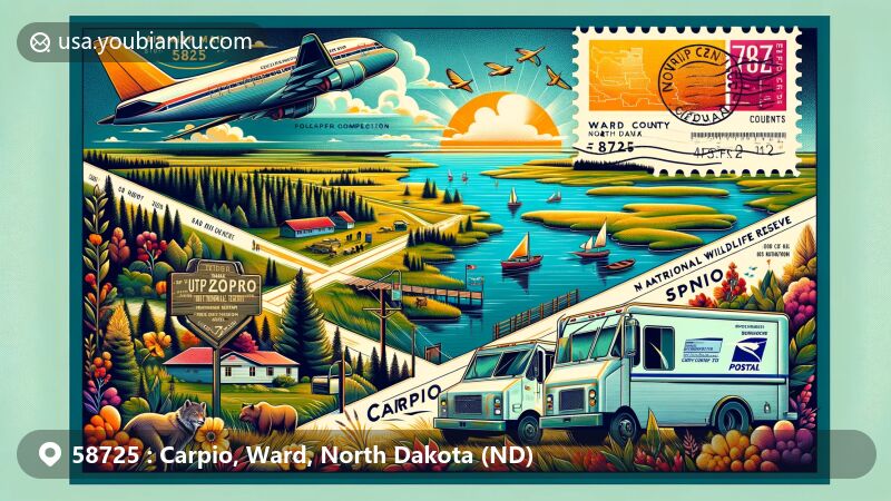 Modern illustration of Carpio, Ward County, North Dakota, showcasing postal theme with ZIP code 58725, featuring Upper Souris National Wildlife Refuge and regional characteristics.