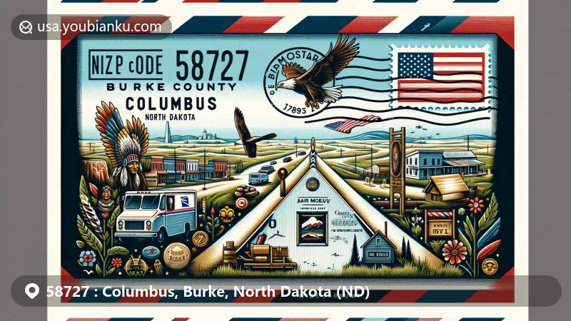 Modern illustration of Columbus, Burke County, North Dakota, highlighting ZIP code 58727 with vintage airmail envelope and iconic scenes of American town, possibly showcasing North Dakota's landscapes, state flag, Native American cultural elements, postmark, stamp, and postal symbols.