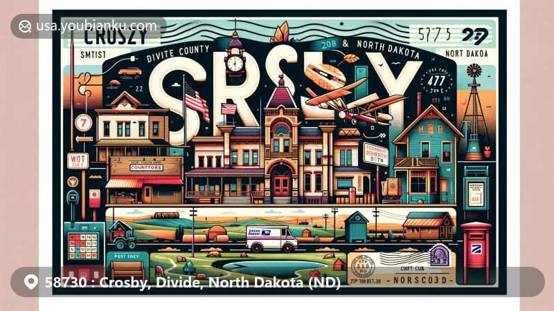 Modern illustration of Crosby, North Dakota, highlighting postal theme with ZIP code 58730, featuring landmarks like Divide County Pioneer Village & Museum, Divide County Courthouse, and Crosby Country Club golf course.