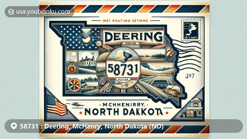 Modern illustration of Deering, McHenry, North Dakota (ND) ZIP code 58731, designed as a vintage airmail envelope with North Dakota map, local landmarks, and cultural elements.