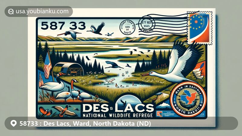 Modern illustration of Des Lacs, Ward County, North Dakota, with ZIP code 58733, resembling an airmail envelope, showcasing Des Lacs National Wildlife Refuge and North Dakota state symbols.