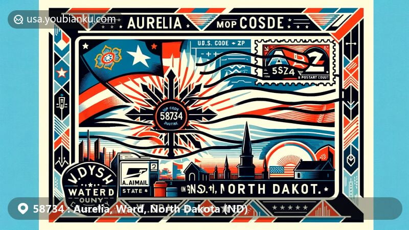 Modern illustration of Aurelia, Ward, North Dakota, showcasing postal theme with ZIP code 58734, featuring North Dakota state flag, Ward County silhouette, and local cultural symbol.