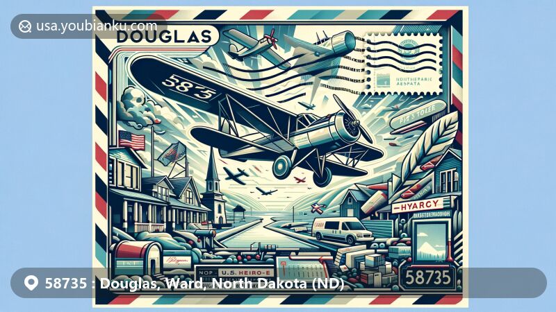 Modern illustration of Douglas, Ward County, North Dakota, highlighting postal theme with ZIP code 58735, featuring Douglas Heritage Museum and North Dakota prairie landscape.