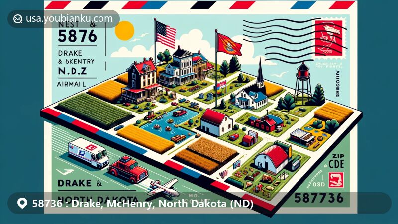 Modern illustration of Drake, McHenry County, North Dakota, showcasing postal theme with ZIP code 58736, featuring North Dakota state flag, small-town buildings, and agricultural landscapes.