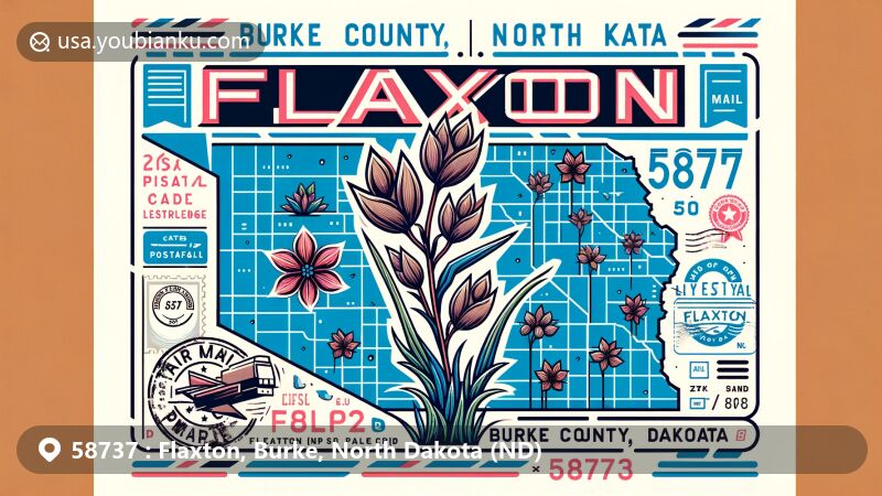 Modern illustration of Flaxton, Burke County, North Dakota, embodying postal theme with ZIP code 58737, featuring vintage postcard design with flax plant elements.
