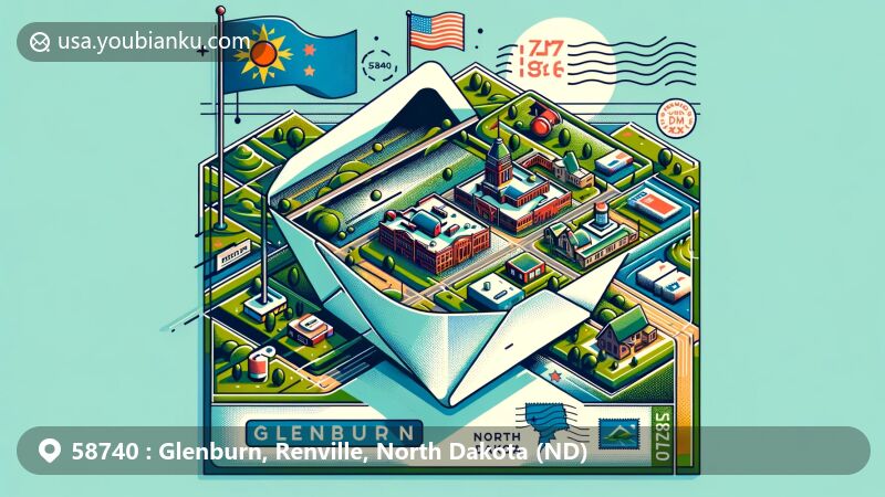 Modern illustration of Glenburn, Renville County, North Dakota, featuring a scenic aerial view and postal theme with ZIP code 58740, showcasing small-town charm and North Dakota's greenery.