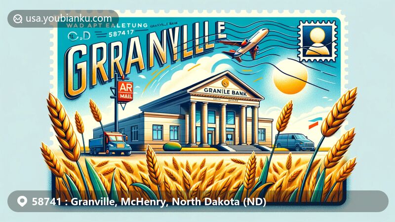 Modern illustration of Granville, McHenry County, North Dakota, showcasing postal theme with ZIP code 58741, featuring Granville State Bank and North Dakota wheat fields.