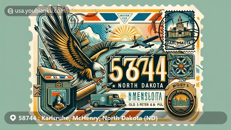 Vintage-style illustration of Karlsruhe, McHenry County, North Dakota, focusing on ZIP code 58744 with airmail envelope, postmark, stamps, and North Dakota state symbols.
