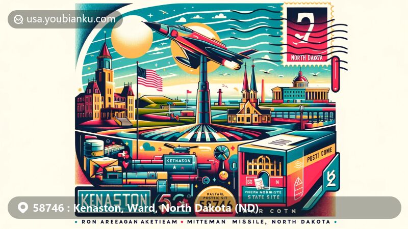 Modern digital art representing zip code 58746 in Kenaston, Ward County, North Dakota, featuring landmarks like Fort Totten State Historic Site, Chateau de Mores State Historic Site, and Ronald Reagan Minuteman Missile State Historic Site.