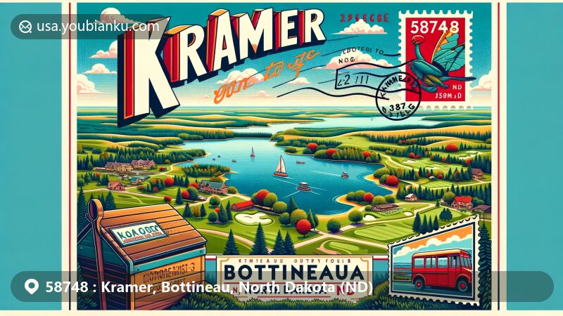 Modern illustration of Kramer, Bottineau County, North Dakota, featuring Lake Metigoshe and key landmarks like Bottineau Country Club Golf Course, Homen State Forest, and Tommy Turtle Statue. Vintage-style stamp with North Dakota state flag, postmark of '58748 Kramer, ND', and classic red mailbox symbolize postal theme, set against scenic landscape with rolling hills and lush greenery.