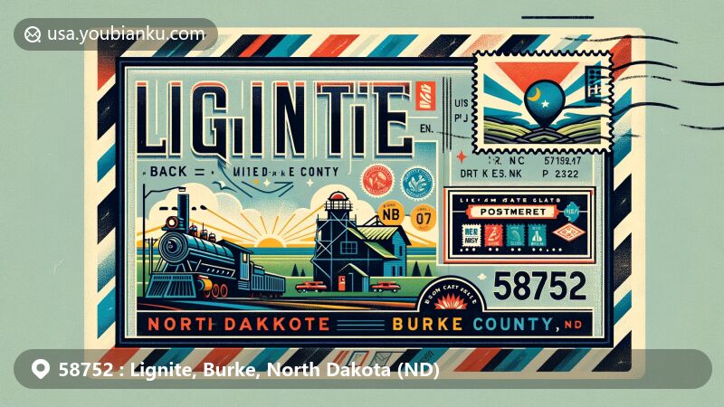 Vintage airmail envelope design for ZIP code 58752 in Lignite, Burke County, North Dakota, featuring state flag, county outline, and coal mining imagery.