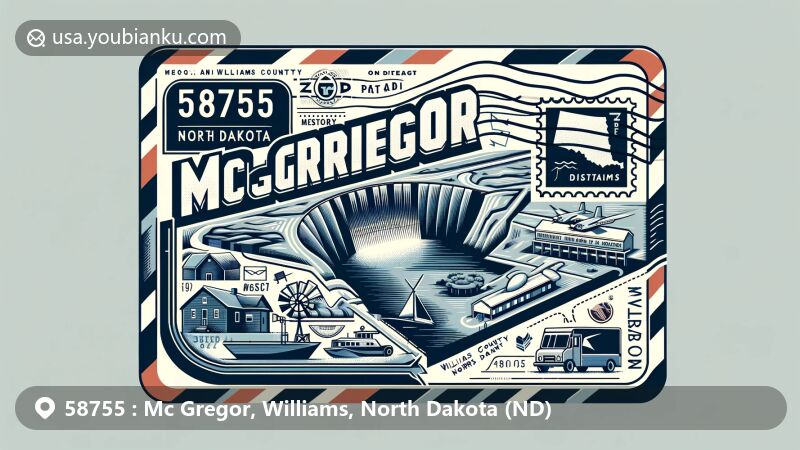 Creative depiction of McGregor, Williams County, North Dakota, with postal theme for ZIP code 58755, featuring McGregor Dam, Williams County map, rural North Dakota symbols, stamp, postmark, mailbox, and mail truck.