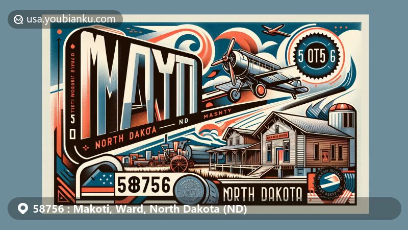 Contemporary illustration of Makoti, Ward County, North Dakota, USA, representing ZIP code 58756 and highlighting the Makoti Threshers Museum, emphasizing historical and cultural significance with a vintage postal theme.