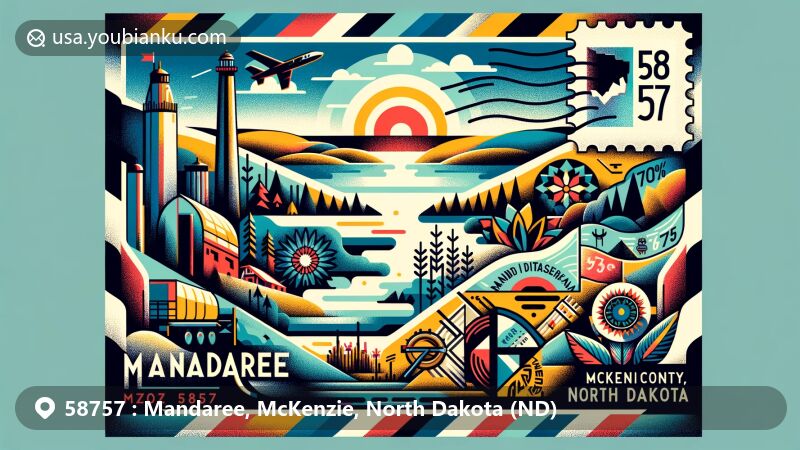 Modern illustration of Mandaree, McKenzie County, North Dakota, with ZIP code 58757, featuring landscape, Fort Berthold Indian Reservation, and Mandan, Hidatsa, and Arikara Nation symbols.
