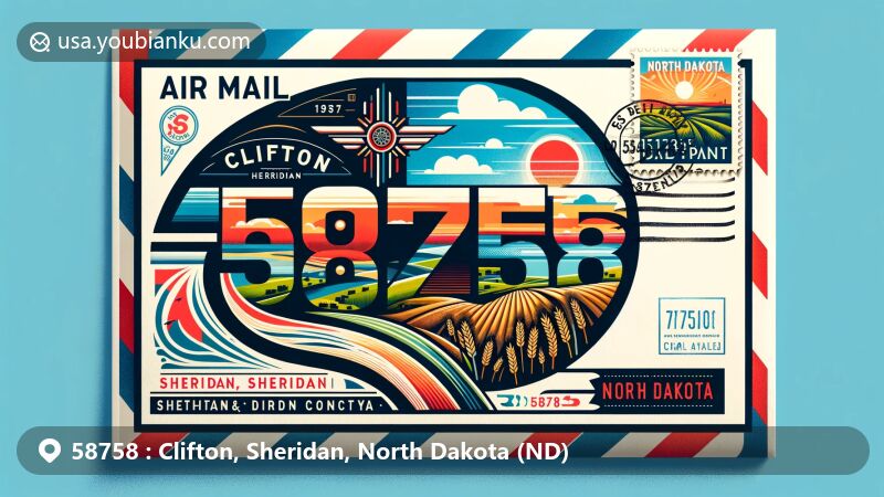 Modern illustration of Clifton, Sheridan, North Dakota, showcasing postal theme with ZIP code 58758, featuring North Dakota's Great Plains landscape, Sheridan County outline, wheat fields, and iconic postal elements.