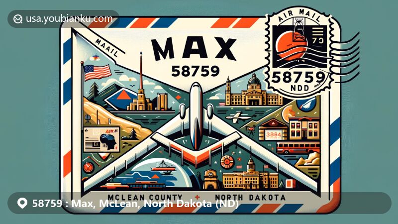 Modern illustration of Max, McLean County, North Dakota, showcasing air mail envelope design with North Dakota state flag, McLean County outline, and postal elements for ZIP Code 58759.