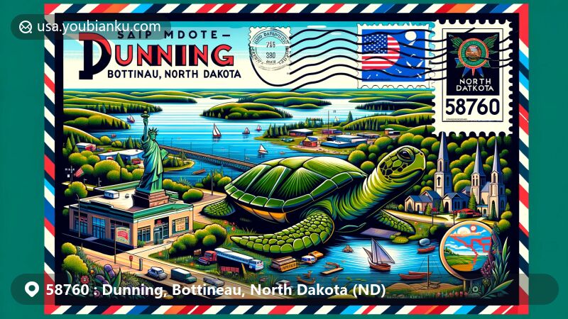 Modern illustration of Dunning, Bottineau, North Dakota, portraying airmail theme with ZIP code 58760, showcasing Lake Metigoshe and Tommy Turtle Statue.