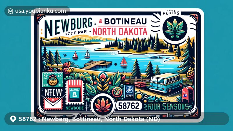 Vibrant illustration of Newburg, Bottineau, North Dakota, capturing the essence of ZIP code 58762 with Lake Metigoshe State Park and 'Four Seasons Playground' theme.