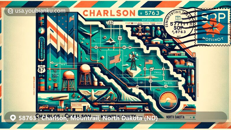 Modern illustration of Charlson, Mountrail County, North Dakota, with ZIP code 58763, showcasing map design featuring major highways like U.S. Highway 2 and North Dakota Highways 8, 23, 37, 1804, symbolizing local features including the Missouri River, Shell Creek, and the Bakken Formation.