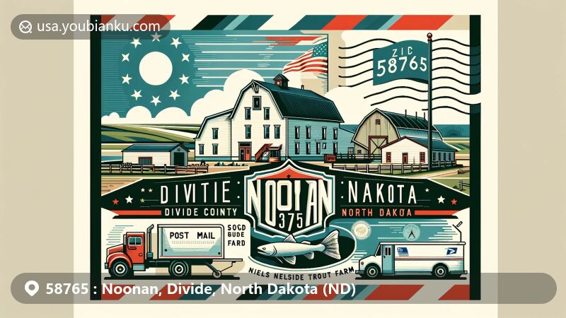 Modern illustration of Noonan, Divide, North Dakota, featuring postal theme with ZIP code 58765, North Dakota state flag, Niels Nielsen Fourteen-Side Barn Farm, Baukol-Noonan Trout Pond and Campground, and airmail design elements.