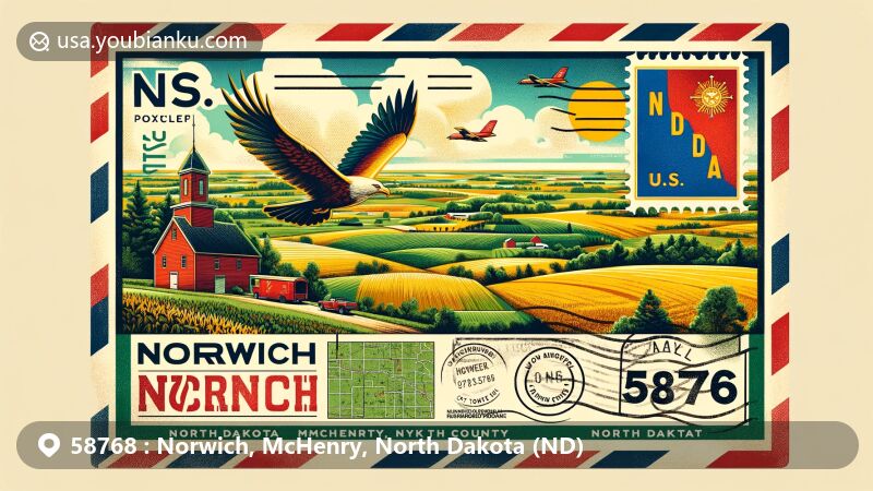 Vintage-inspired illustration of Norwich, McHenry County, North Dakota, showcasing airmail envelope design with North Dakota state flag, rural landscape, and postal elements for ZIP code 58768.