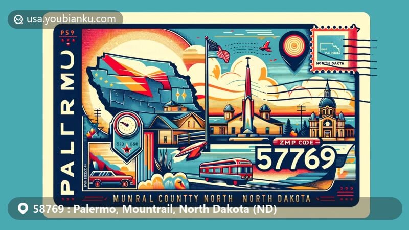 Modern illustration of Palermo, Mountrail County, North Dakota, showcasing postal theme with ZIP code 58769, featuring North Dakota state flag, Mountrail County map outline, and iconic Palermo landmarks.