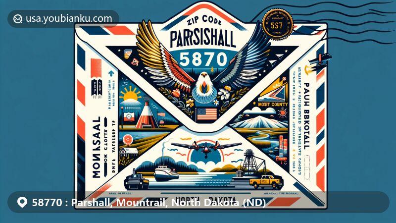 Modern illustration of Parshall, Mountrail County, North Dakota, showcasing postal theme with ZIP code 58770, featuring Lake Sakakawea, the Paul Broste Rock Museum, and symbols of Native American culture and North Dakota.