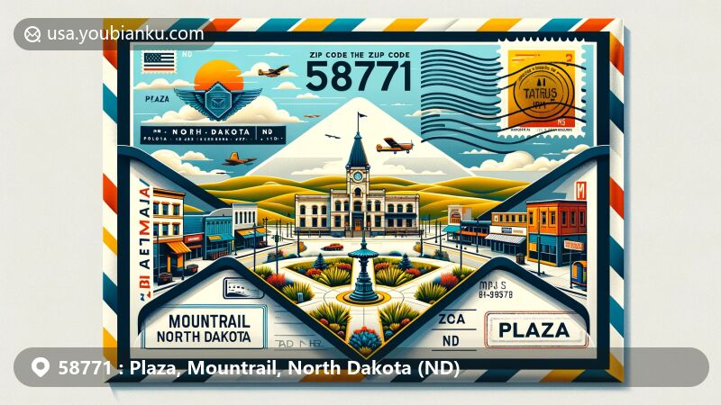 Modern illustration of Plaza, Mountrail County, North Dakota, showcasing postal theme with ZIP code 58771, featuring town square, gazebo, North Dakota landscapes, vintage postage elements, and classic mailbox.
