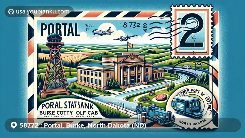 Modern illustration of Portal, Burke County, North Dakota, with a postal theme resembling a postcard or airmail envelope, highlighting ZIP code 58772, showcasing Portal State Bank, Gateway Cities Golf Club, and Burke County's natural landscape.