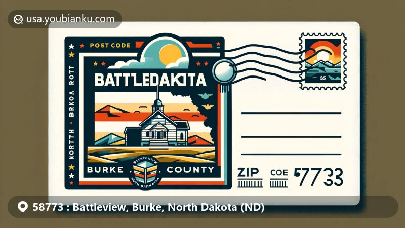 Modern illustration of Battleview, Burke County, North Dakota, with ZIP code 58773, showcasing postcard theme and postal elements, featuring North Dakota outline, Burke County highlight, and local cultural symbols.