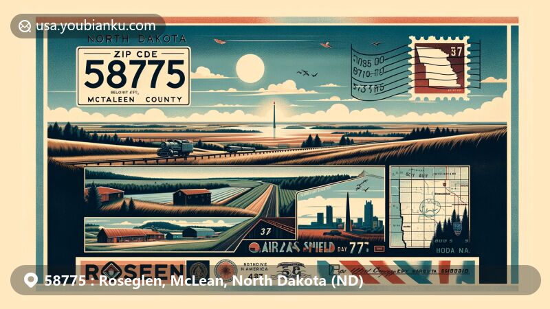 Modern illustration of Roseglen, McLean, North Dakota, showcasing rural scenery, North Dakota Highway 37, state and county maps, Arikara culture near White Shield, vintage postal elements with ZIP code 58775.