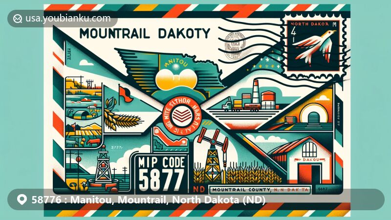 Modern illustration of Manitou, Mountrail County, North Dakota (ND), with state flag, county map, agriculture, and oil derricks, showcasing rural and oil production themes.