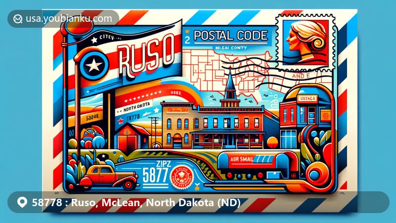 Modern illustration of Ruso, McLean County, North Dakota, showcasing postal theme with ZIP code 58778, featuring North Dakota state flag, McLean County map outline, and characteristic Ruso landmarks.