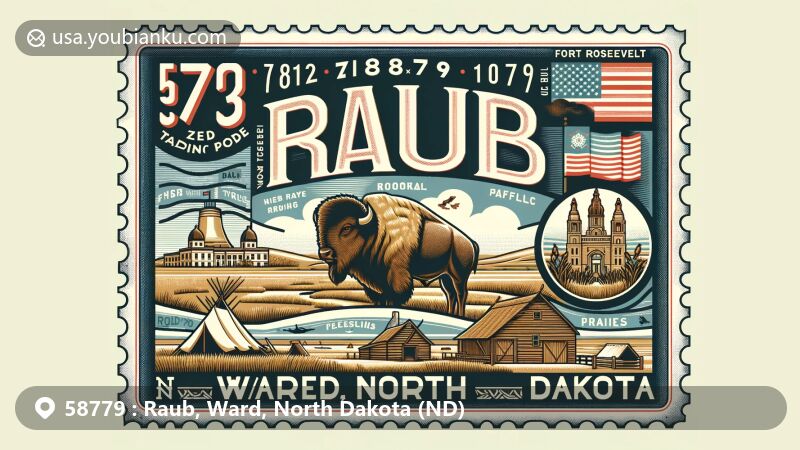 Modern illustration of Raub, Ward, North Dakota, featuring state flag, ZIP code 58779, and iconic landmarks like Fort Union Trading Post and World's Largest Buffalo statue, set in a stamp-like design with postmark effect.