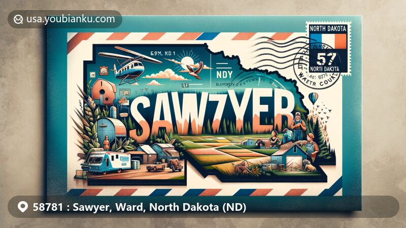 Artistic illustration of Sawyer, Ward County, North Dakota, portraying ZIP code 58781 with vintage airmail envelope showcasing local characteristics and lifestyle, including North Dakota outline, rural town, family, agriculture, and natural scenery.