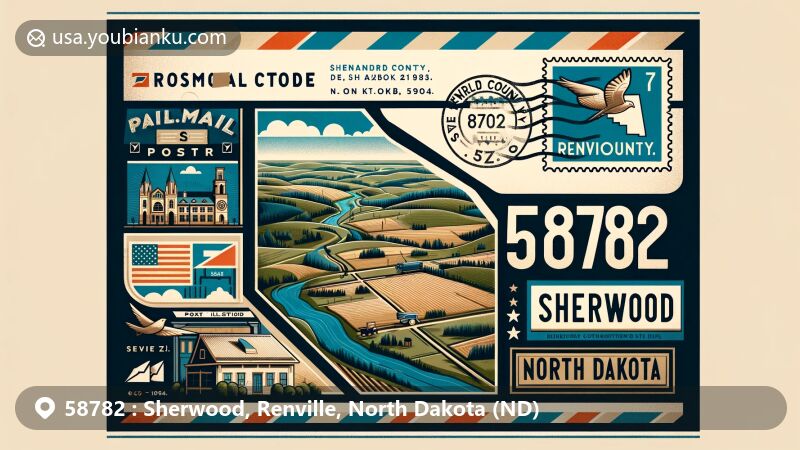Modern illustration of Sherwood, Renville County, North Dakota, featuring vintage airmail envelope with ZIP code 58782, showcasing map of the county and historical elements.