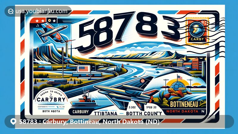 Modern illustration of Carbury, Bottineau County, North Dakota, styled as an airmail envelope with ZIP code 58783, featuring Turtle Mountain plateau, 'Tommy Turtle' statue, snowy landscape, North Dakota state flag, and winter activities.