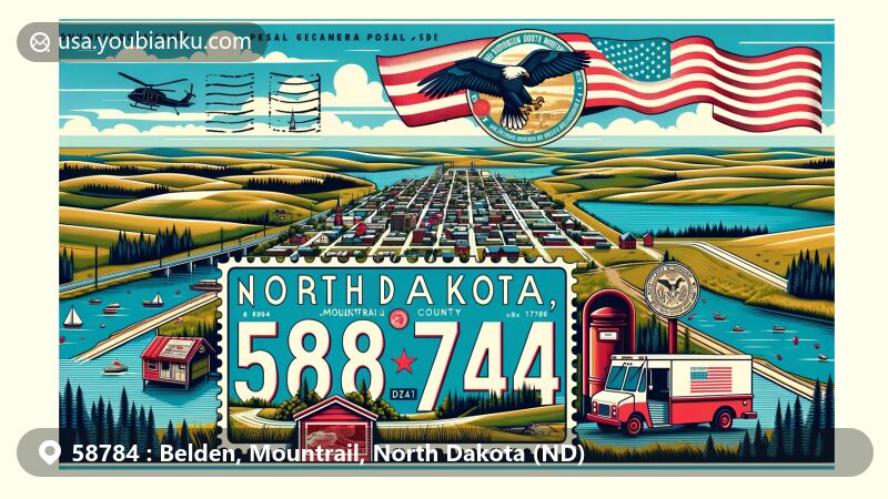Artistic interpretation of Belden, Mountrail County, North Dakota, showcasing ZIP code 58784, featuring ghost town outline, North Dakota landscape, state flag, stamps, postmark, mailbox, and mail truck.