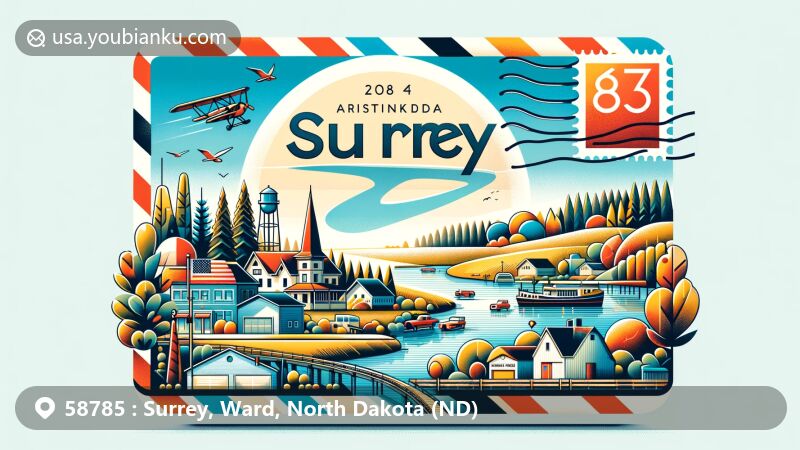 Modern illustration of Surrey, Ward County, North Dakota, showcasing postal theme with ZIP code 58785, featuring rural charm and tranquil ambiance, with stylized postcard details and local landscapes.